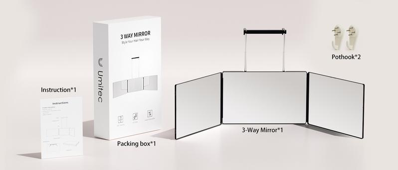 Umitec Adjustable LED Light 3 Way Mirror, Portable Trifold Mirror for Shaving, Grooming, Hair Styling, Dye Hair, Makeup, Braiding, 360 Degree Mirror