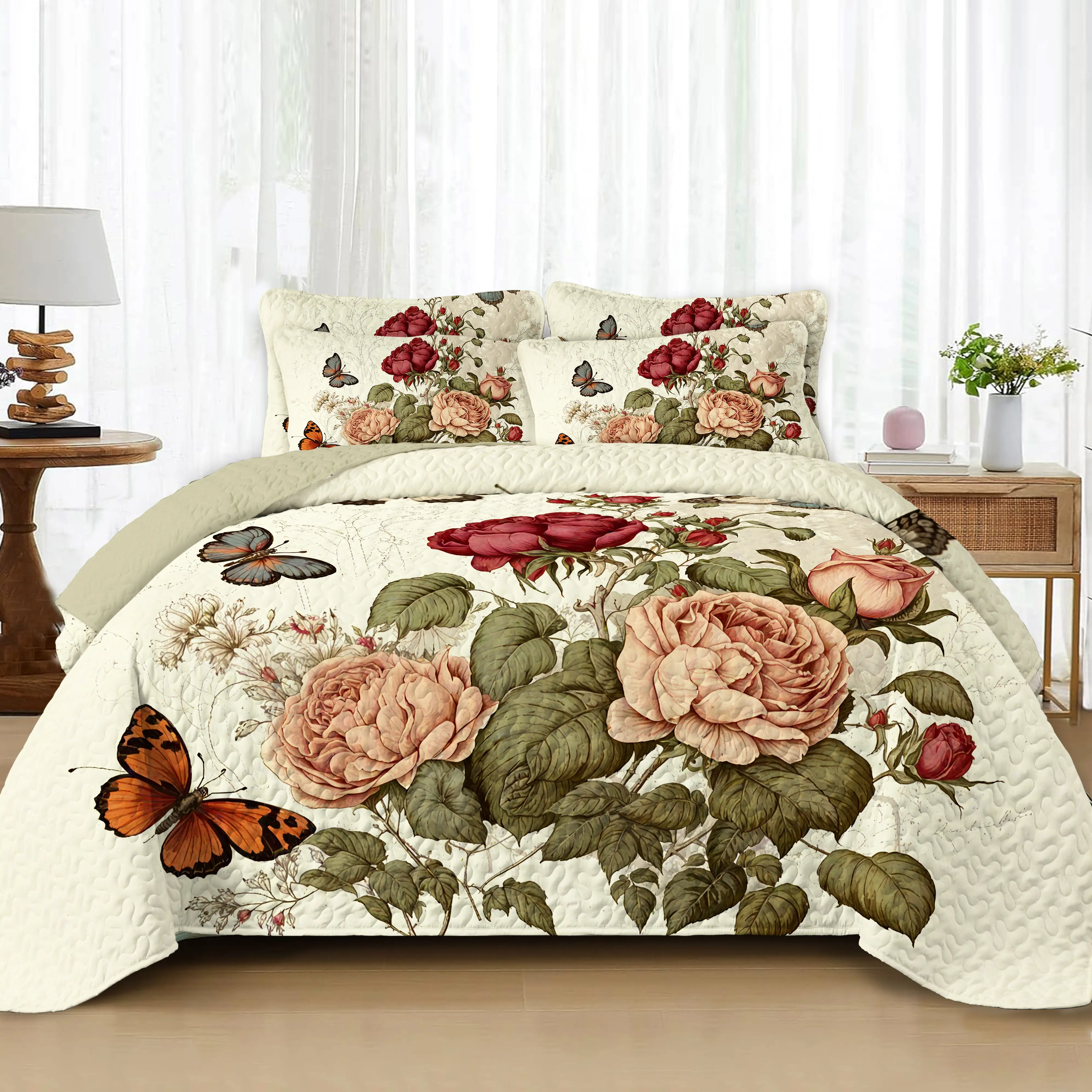 Peony Butterfly Lightweight Quilted Summer Quilt All Season Soft  and Skin Friendly Country Farmhouse Style Printed Bedding Set