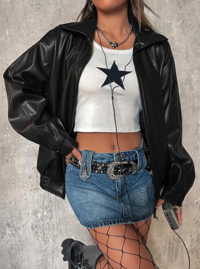 Zip Up Drop Shoulder PU Thick Leather Jacket *LooKo