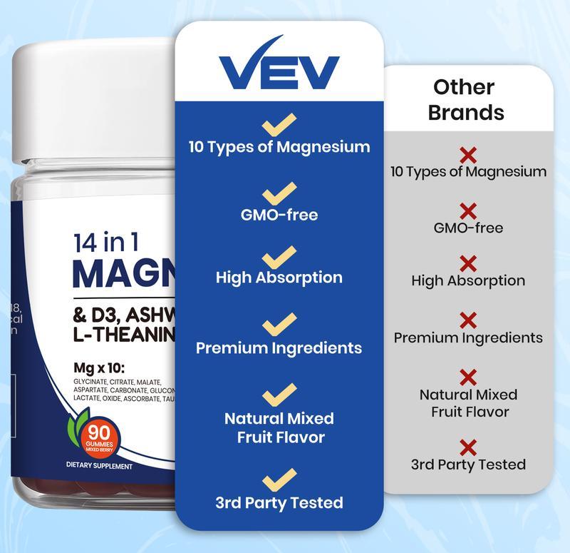 VEV 14-in-1 Magnesium Gummies-withAshwagandha,L-Theanine, Vitamin D3 & Zinc, EdibleHealthcare Dietary
