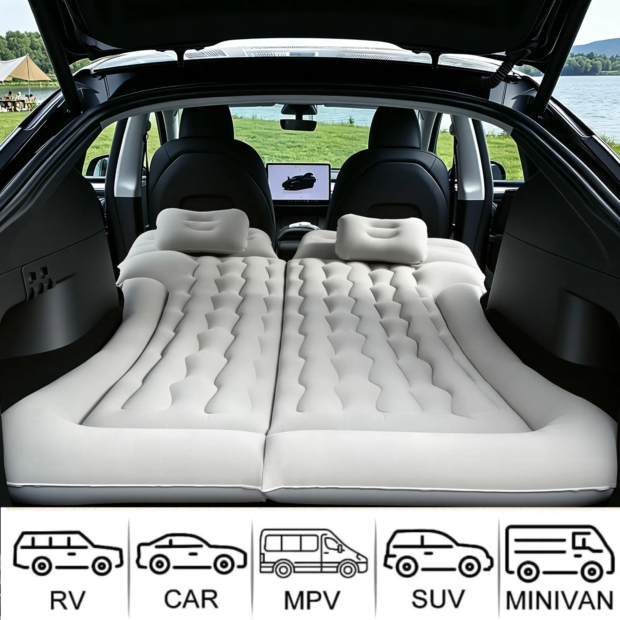 Air Mattress Camping Bed Cushion Pillow Inflatable Thickened Car Air Bed Mattress with Electric Air Pump Portable Sleeping Pad for Travel Camping Upgraded Version Gray