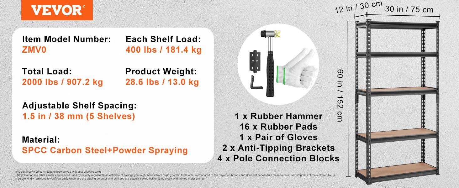 VEVOR Storage Shelving Unit, 5-Tier Adjustable, 2000 lbs Capacity, Heavy Duty Garage Shelves Metal Organizer Utility Rack, Black, 30" L x 12" W x 60" H for Kitchen Pantry Basement Bathroom Steel Set