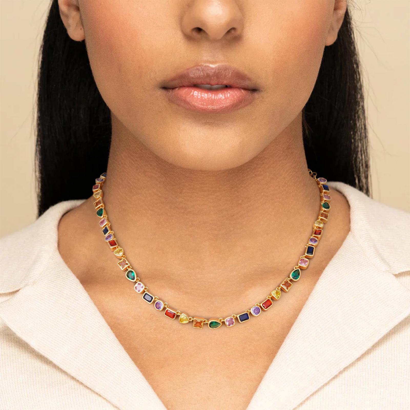 Turandoss 14K Gold Plated Rainbow Tennis Necklace - Unisex Colorful CZ & Emerald Gemstone Chain - 15+3.5” Adjustable Choker - Perfect Birthday Gift for Him & Her