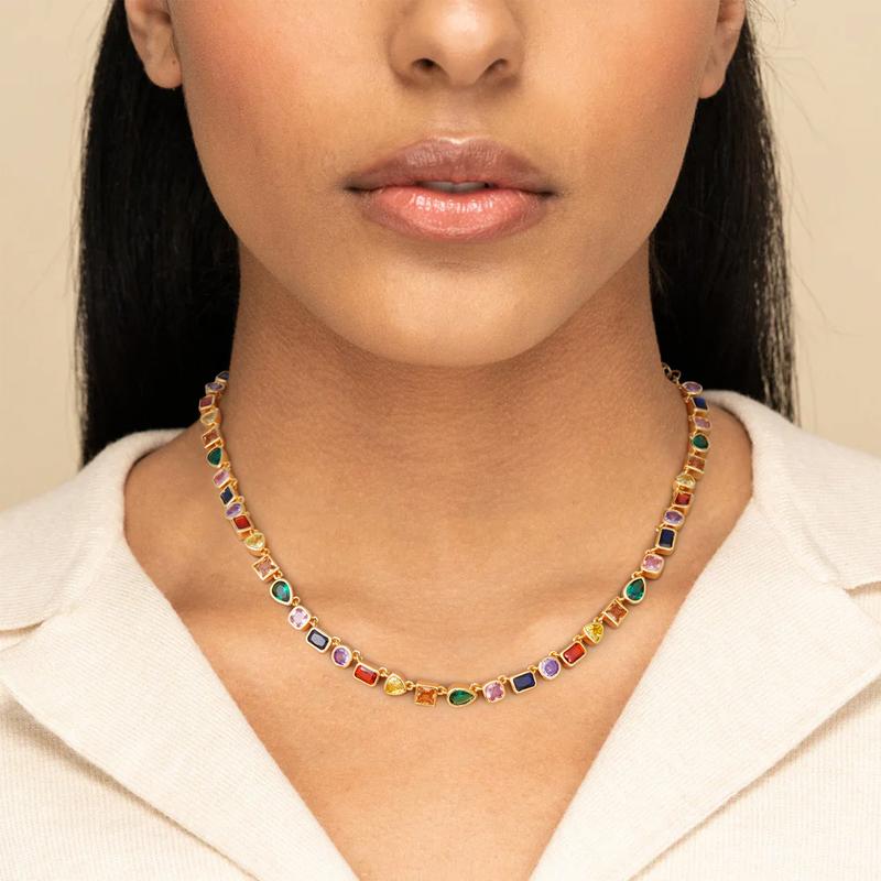 Turandoss 14K Gold Plated Multicolor Gemstone Tennis Necklace – Colorful CZ & Emerald Chain, Adjustable, Stylish Gift Jewelry for Him & Her