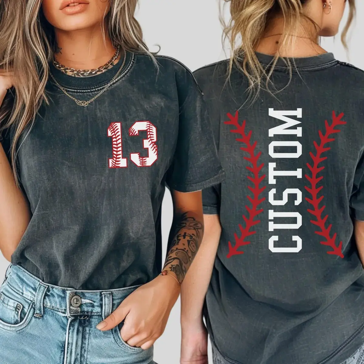 Women's Custom Baseball Mom T-Shirt | Personalized Number & Name, Vintage Charcoal Acid Wash Distressed Cotton Shortsleeve Tee for Game Day, Tshirt