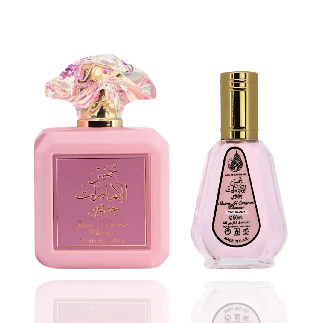 Ard Al Zaafaran Shams Al Emarat Pink Blush Women's Fragrance Bundle Set - Beauty Products with 2 Sizes: 100ml and 50ml Pink Bottles, Two Sizes