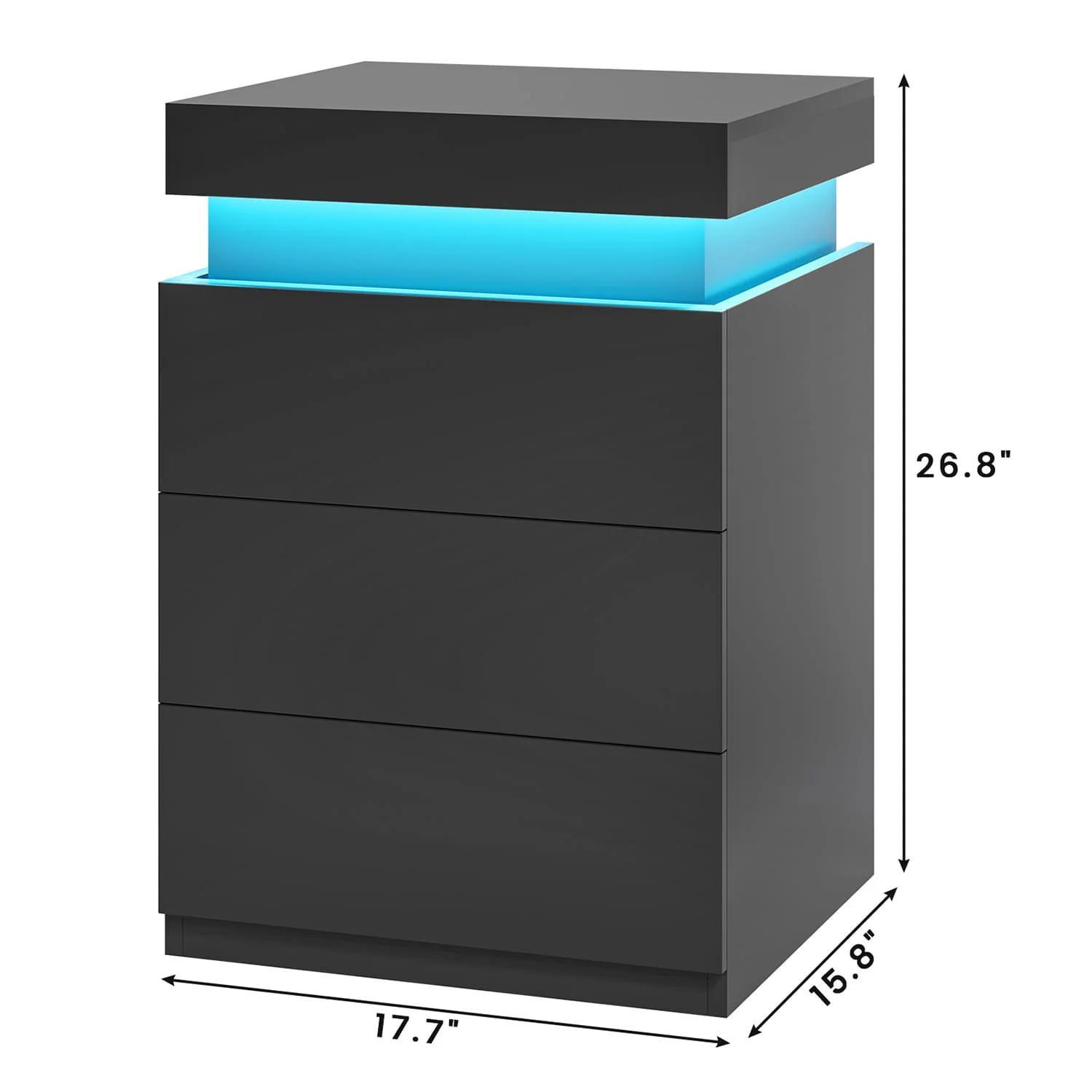 Sikaic Modern Nightstand with LED Lights & Charging Station Black 15.8"D x 17.7"W x 26.8"H Sliding Top Drawers for Bedroom & Living Room
