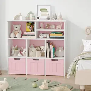 Kids Bookcase Toy Organizer - White/Pink Storage Cabinet with 3 Movable Drawers, Hidden Wheels | Multi-Purpose Nursery & Playroom Furniture,Pink