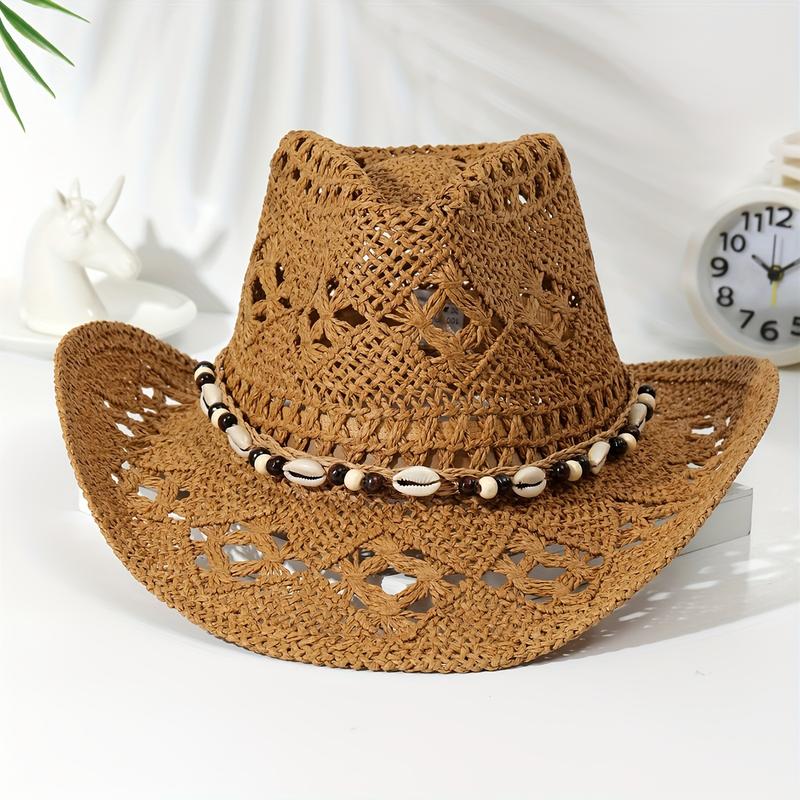 Raffia straw hat for women, large head circumference, summer vacation style, openwork design, denim-style sun hat, also suitable for men.
