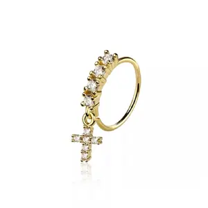 CZ Crystal Lined Hoop with Dangling Cross Charm Bendable Nose Ring - 316L Stainless Steel