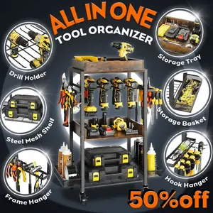 Rolling Power Tool Organizer Cart for Garage, All-in-One Tool Storage Rack with Drill Holder and Hooks, Heavy Duty 3-Tier Garage Tool Organizer Shelf for Power Tools, Batteries, Screwdrivers and Tool Boxes, Workshop Storage Solution