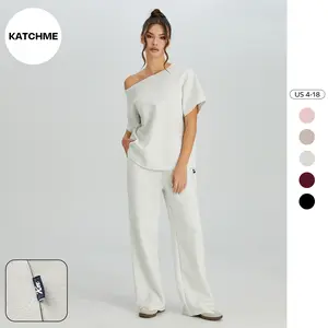 KatchMe Women's Casual Solid Color Sloping Shoulder Short Sleeve Top & Drawstring Waist Wide Leg Trousers Co-ord, Minimalist Womenswear