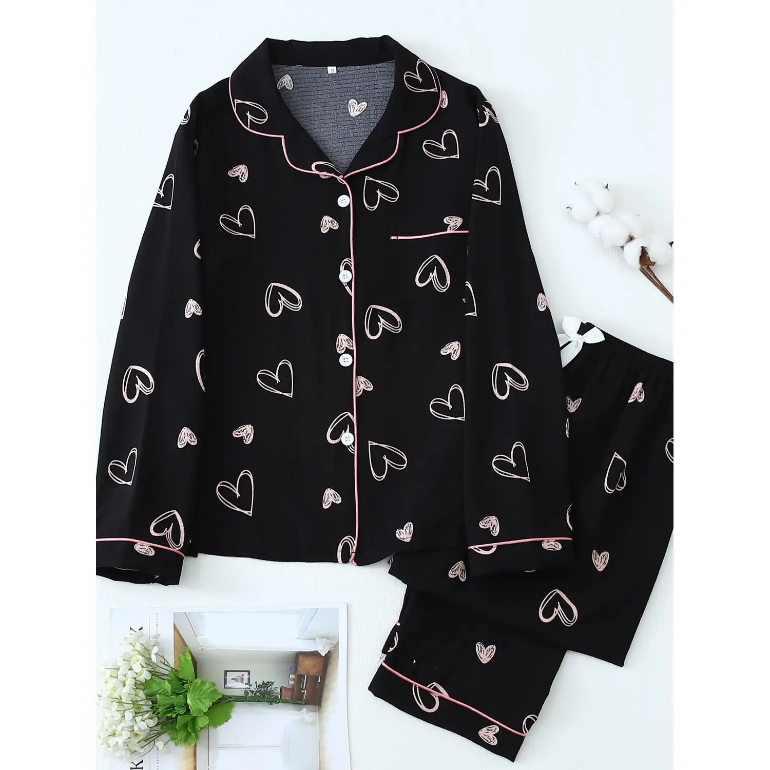 Hollow-Out Heart Print Long Sleeve Long Pants Teen Pajama Set, for Teenager