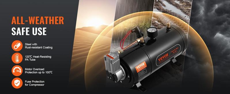 VEVOR 12V Air Compressor with Tank 0.8 Gallon/3 L, TikTokShopBlackFriday, Train Horn Air Compressor, 120 psi Working Pressure Onboard Air Compressor System for Train Air Horns, Inflating Tires, Air Mattresses