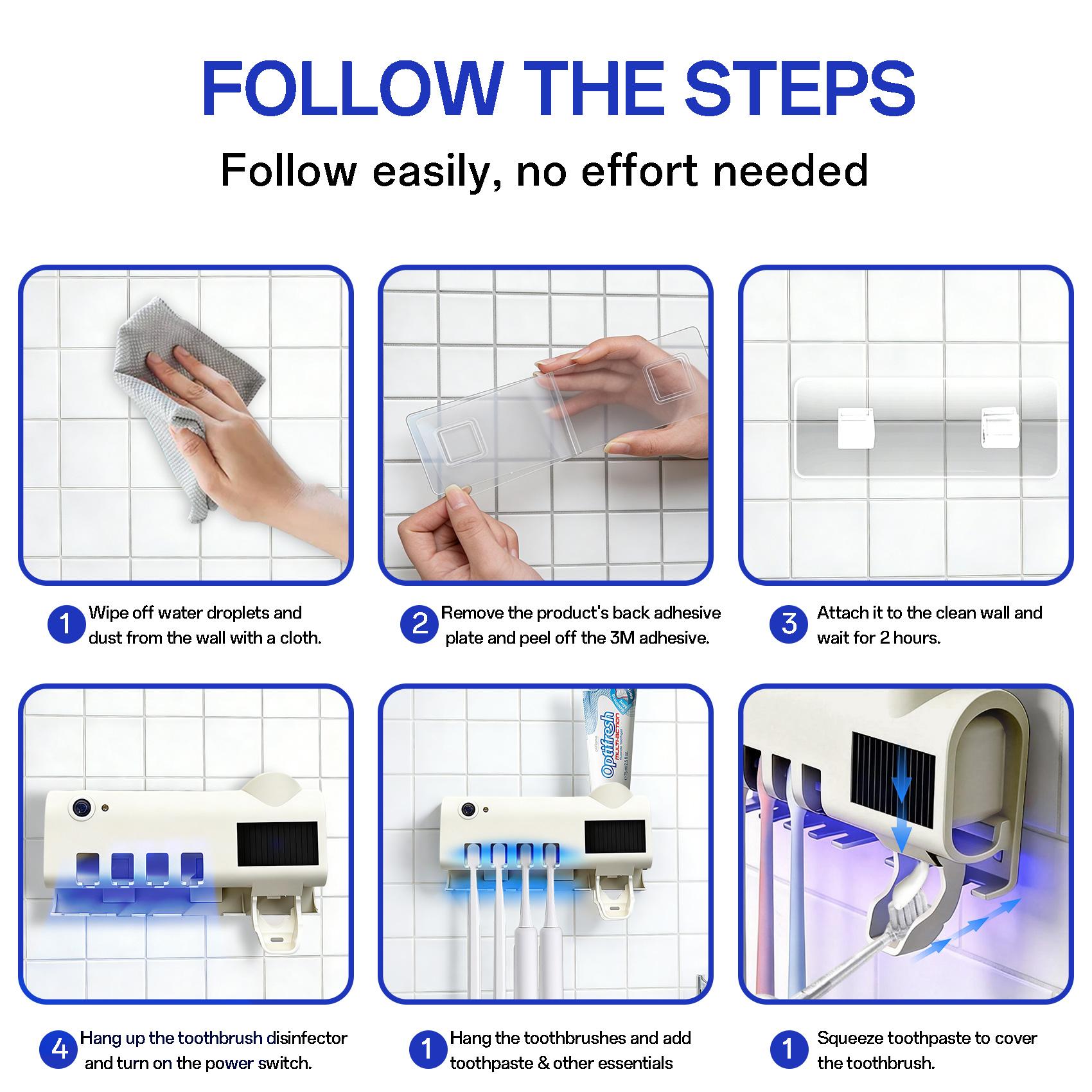 Sanitizing Toothbrush Holder Set, 4-Slot ABS Modern Button Model with Smart Motion Sense & Manual Toothpaste Dispenser - Self-Adhesive No-Drilling Wall Mounted Bathroom Storage Rack for Smooth Flat Surfaces (Compatibility & Smart Design)