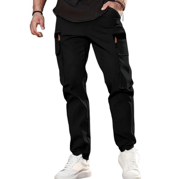 Single piece men's casual solid color sports pants with multiple pockets, lightweight and soft polyester fiber
