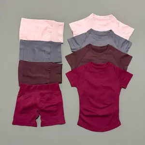 Marena 2 Pcs Impact Sports Sets Short Sleeve Seamless Yoga Top Fitness Set Women Workout Running Sports Shorts Gym Suit