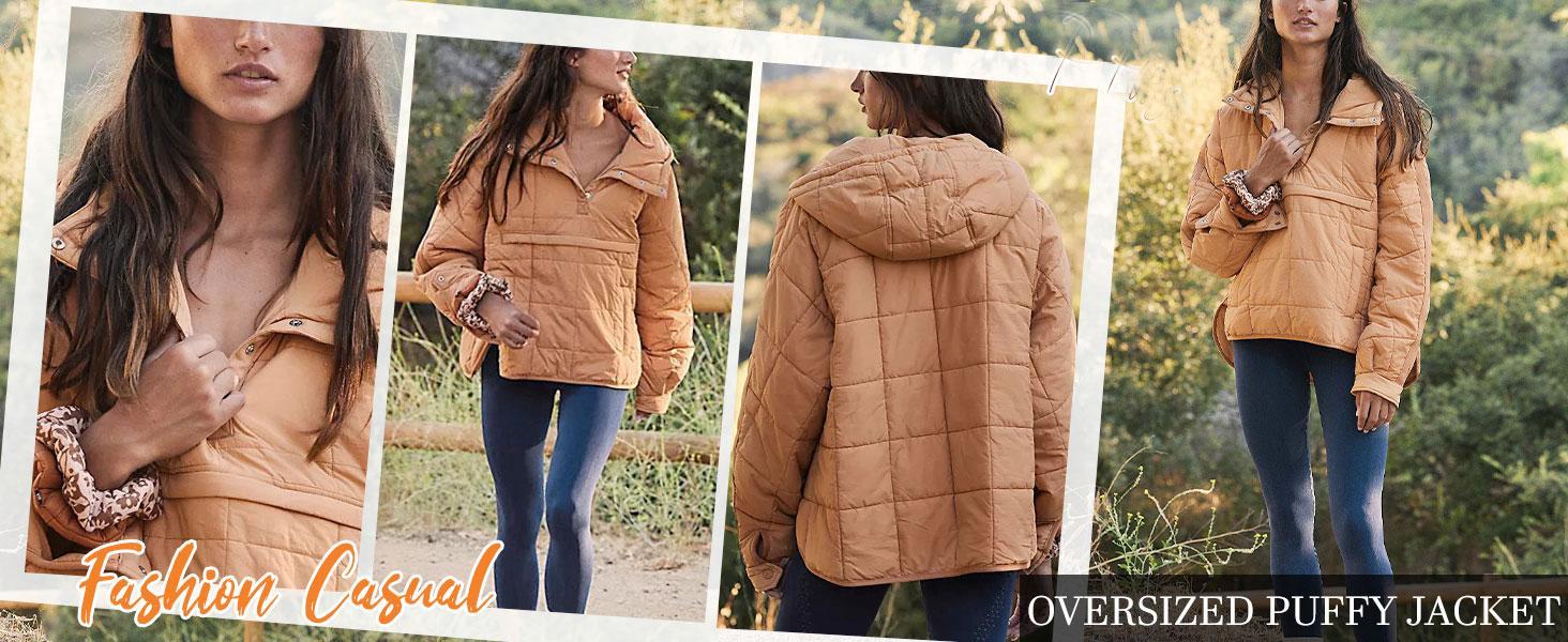 Tanming Women's Oversized Hooded Pullover Puffer Jacket Lightweight Quilted with Chest & Side Pockets Spring Winter Outwear Outfit Casual Longsleeves