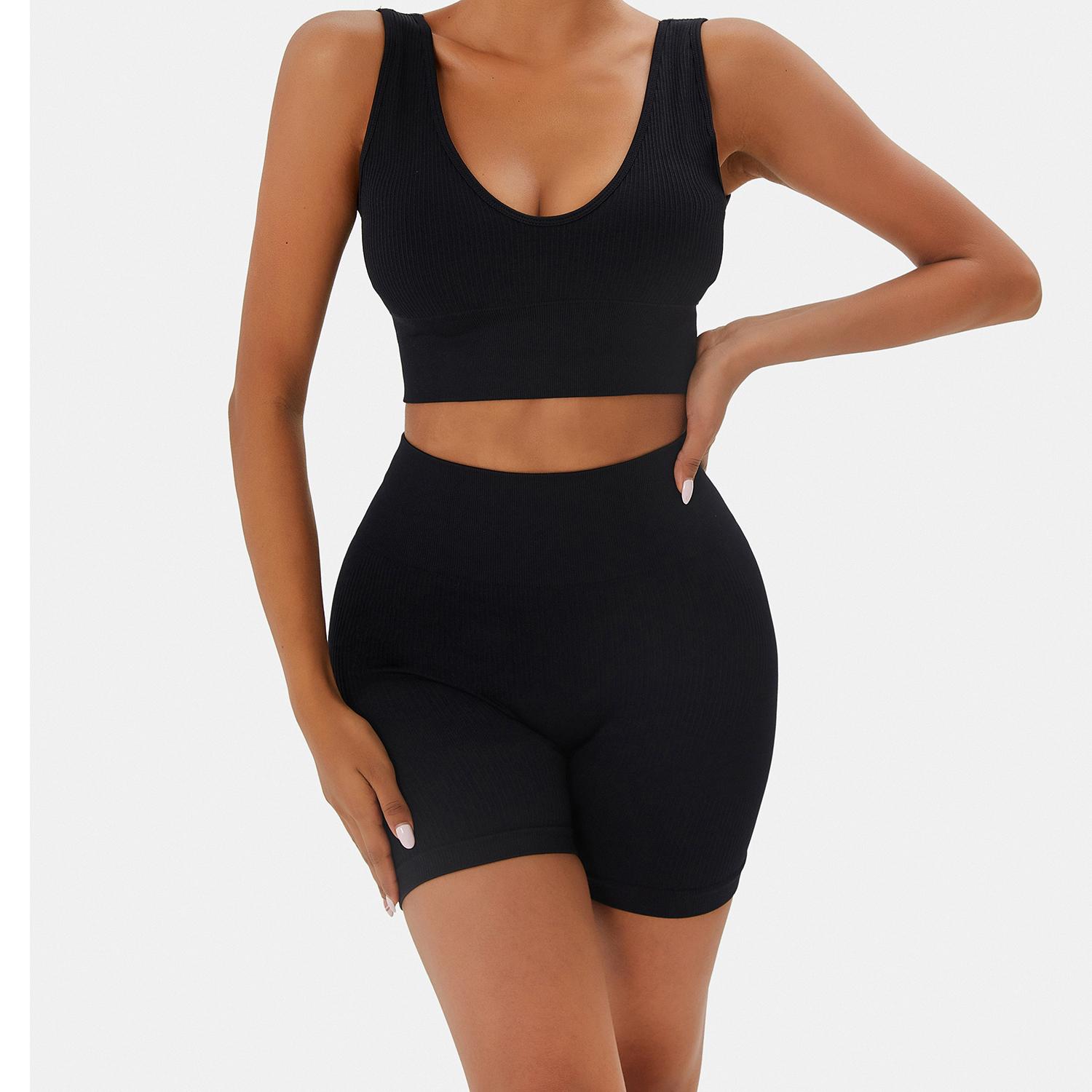 Solid Seamless Crop Sports Top & High Waist Shorts Set Workout Gym Yoga Snatched Body Sports Outfits Clothing for Women Tummy Control Hip Lift