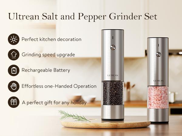 Ultrean Electric Salt & Pepper Grinder Sets - Rechargeable, Automatic with Adjustable Coarseness (6 Settings) , One-Hand Operated, For Kitchen, Gift Ultrean Electric Salt & Pepper Grinder Sets - Rechargeable, Automatic with Adjustable Coarseness (6 Settings) , One-Hand Operated, For Kitchen, Gift