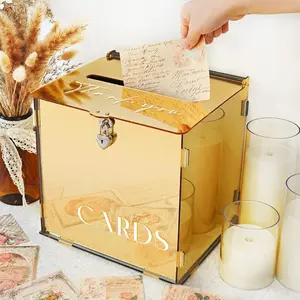 Metallic Gold Mirror Acrylic Wedding Card Box with Lock Slot, Transfers Money Box for Bridal Shower Wedding Honeymoon Baby Shower Birthday Party Reception Engagement Table Decor