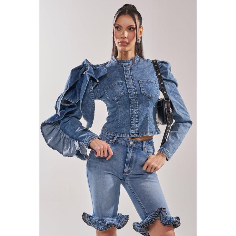 SEIZE THE DAY LONG SLEEVE FLOUNCE MEDIUM BLUE DENIM TOP