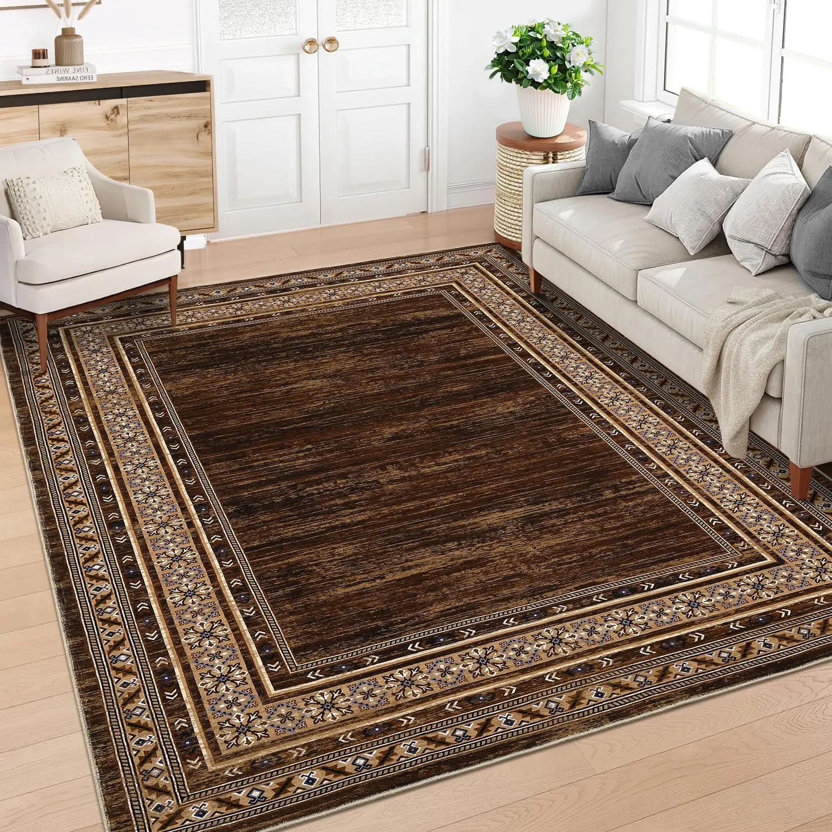 10x13in Geometric Contemporary Indoor Area Rug - Non-Slip, Washable, Soft, Stain-Resistant, Foldable Thin Polyester Low-Pile Carpet for Living Room, Bedroom (Contemporary Rugs)