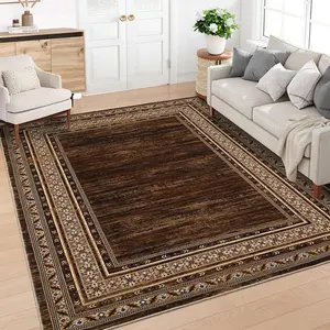 Modern Washable Rugs for Living Room Bedroom 10x13 Non Slip Bordered Area Rug Indoor Soft Throw Carpet Large Stain Resistant Foldable Thin Mat for Dining Room Playroom Office Farmhouse Brown
