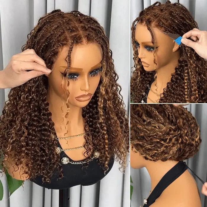 Pizazz Hair Boho Braided Wigs 4/27 Highlight Color Boho Braided Curly Human Hair Wigs 13x6 Glueless Pre Cut HD Lace Wig with Drawstring