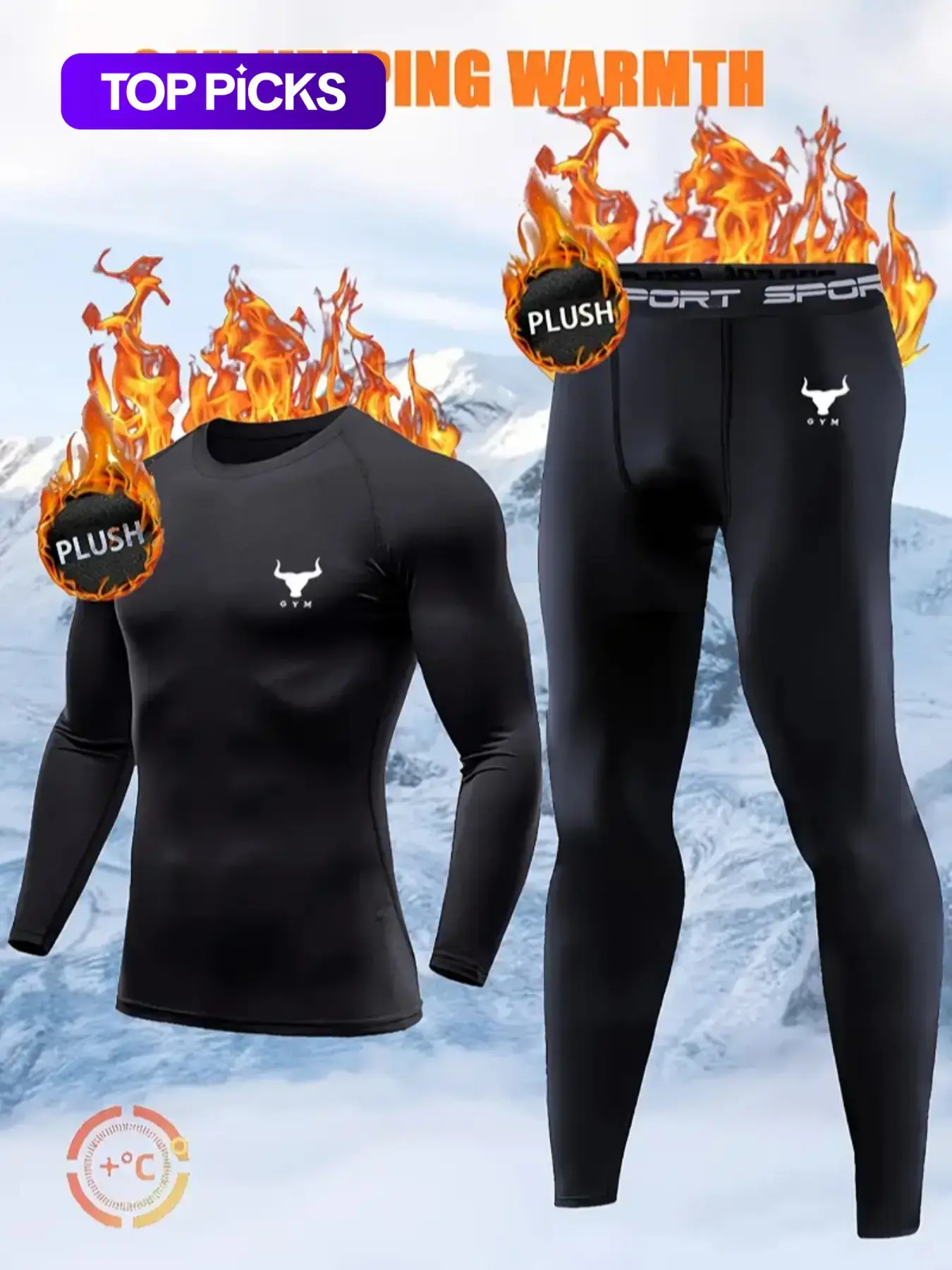2PCS Men's Thermal Track & Field Base Layer Set – Black Compression Underwear, Compression Garment, Running Ski Innerwear, with Bull Logo | Warm Retention for Skiing, Running, Hiking, Work Out, and Outdoor Winter Sportswear