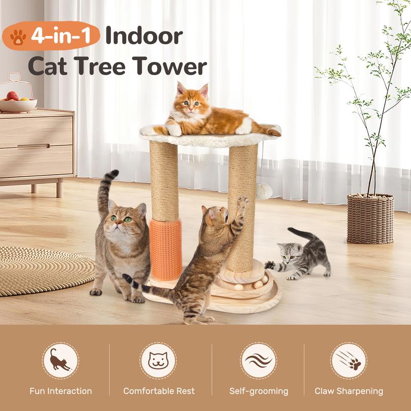 Pawaboo Cat Scratching Post, Cat Self Groomer for Indoor Cats, Cloud Soft Perch for Rest, 17.5" Tall Natural Sisal Scratcher Cat Grooming Interactive Ball Track Toys for Small Cats Kittens