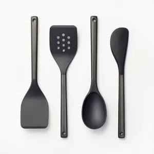 Figmint Silicone Kitchen Utensil Set Black 4pc Steel Cooking Tools Spatula Spoon