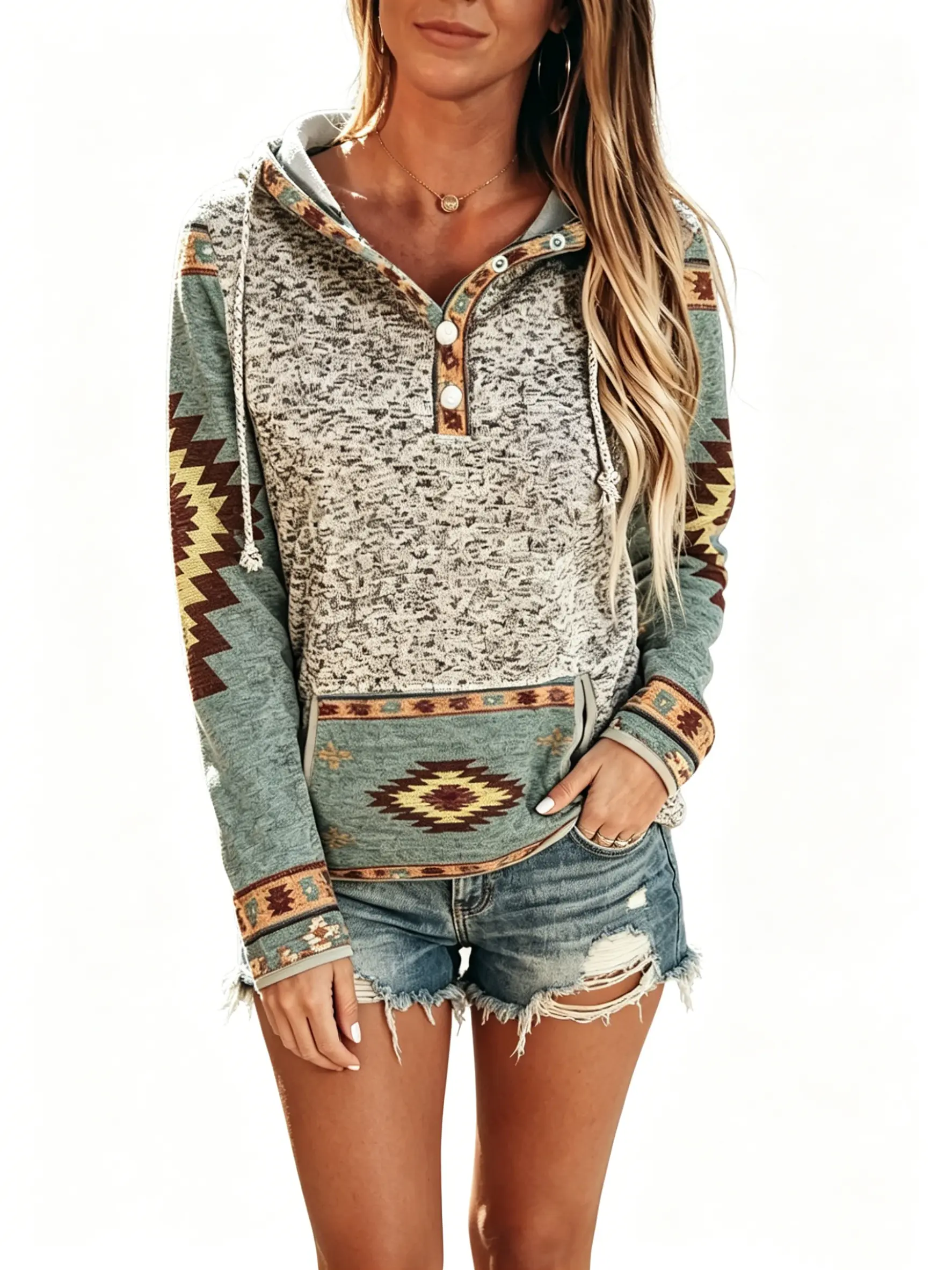 Women's Lightweight Hoodie with Aztec Print, Vintage Western Style Henley Long Sleeve Pullover for Daily Wear, Button Front, Hooded Neck, All Day Wear, Xl