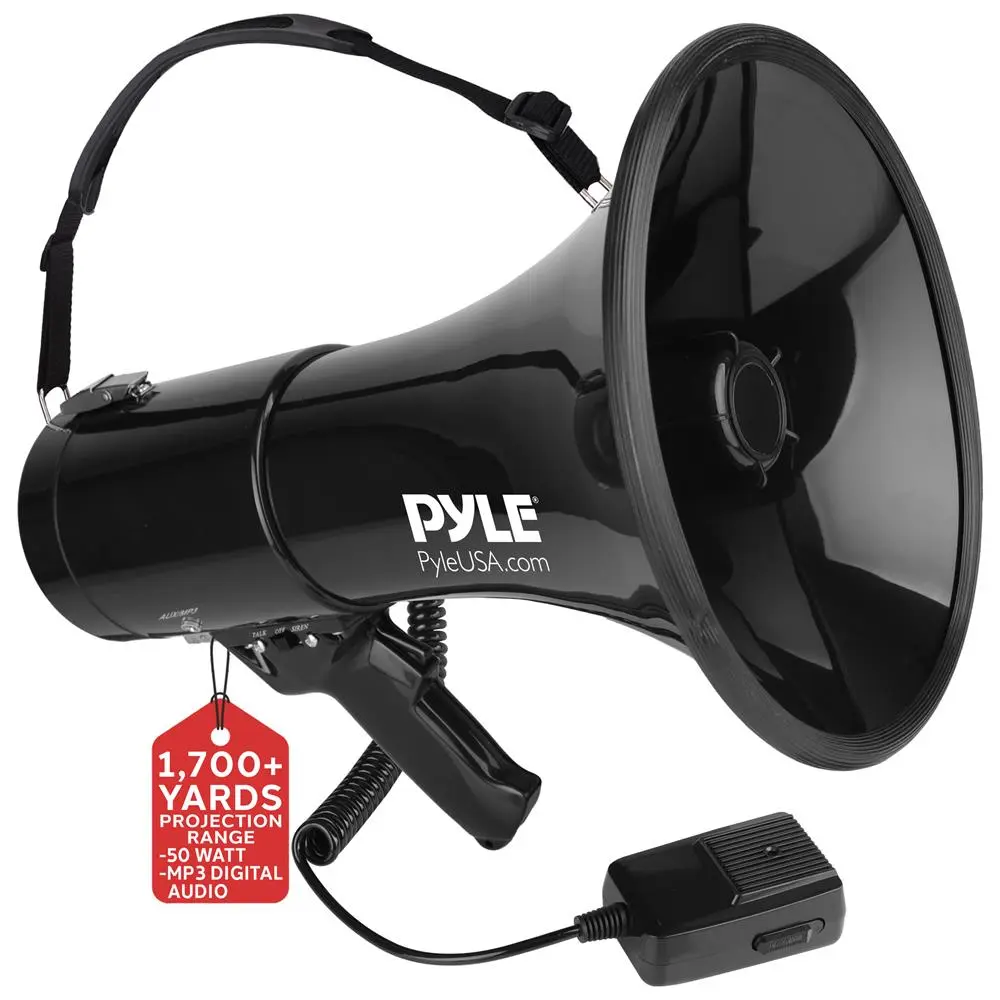50W PA Megaphone Speaker - Black | 1700 Yards Range Loudspeaker with Built-in Siren Mode, Adjustable Volume Control & Wired Handheld Microphone - Portable Speaker for Coaches, Emergency Announcement, Commercial & Outdoor Use