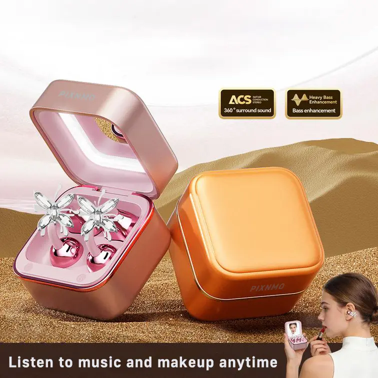 PIXNMO Clip-On Wireless Headphones with Bluetooth 6.0, Built-In Makeup Mirror & Fill Light, Hi-Definition Sound, Low-Power Stable Connection, Audio Earbuds for Music & Phone Calls, Perfect Gift for Girls