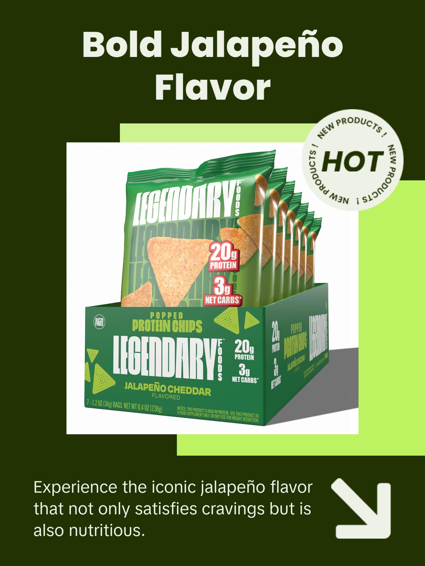 Legendary Foods 20 g Jalapeño Cheddar Air Popped High Protein Chips - Crispy Crunchy Snack - No Sugar added - High protein Snack - 7 pack