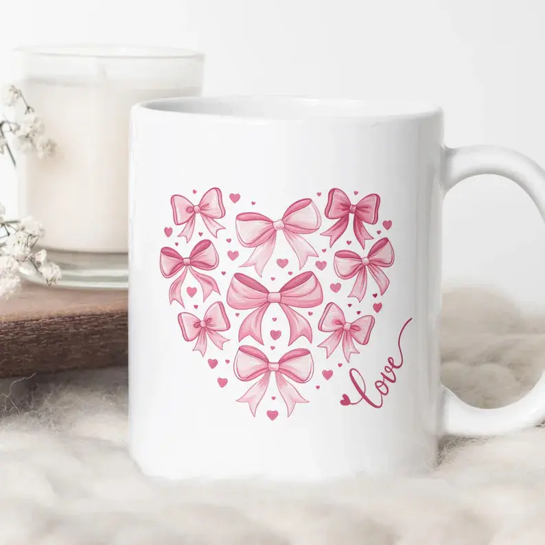 Love Heart Mug . Valentine's Day Sublimation Mug. Valentine Mug 11ozTransfer Wrap, Heart Coquette Bow Mug.