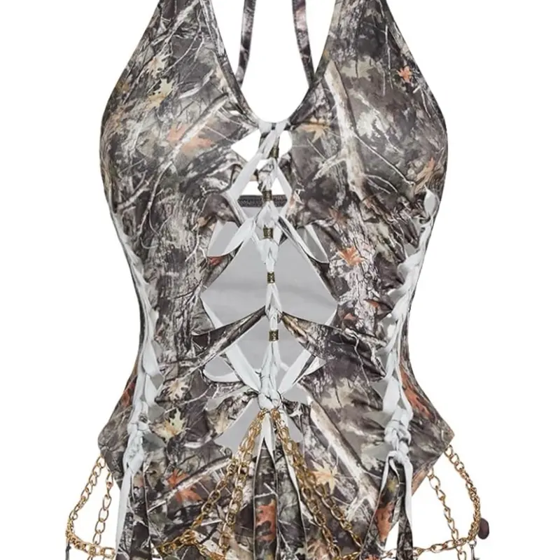 Camo Pattern Gothic Cut Out Lace Up Bodysuit Going Out Halter Neck Rave Body Suits summer time and Fourth of July