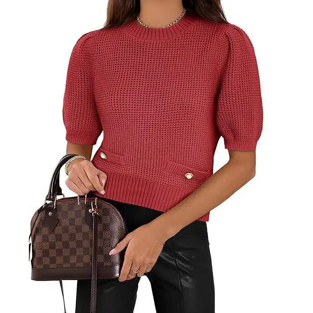 Cicy Bell Womens Puff Short Sleeve Sweaters Tops Cropped Ribbed Knit Lightweight Pullover Casual Loose Fit Crewneck Sweater