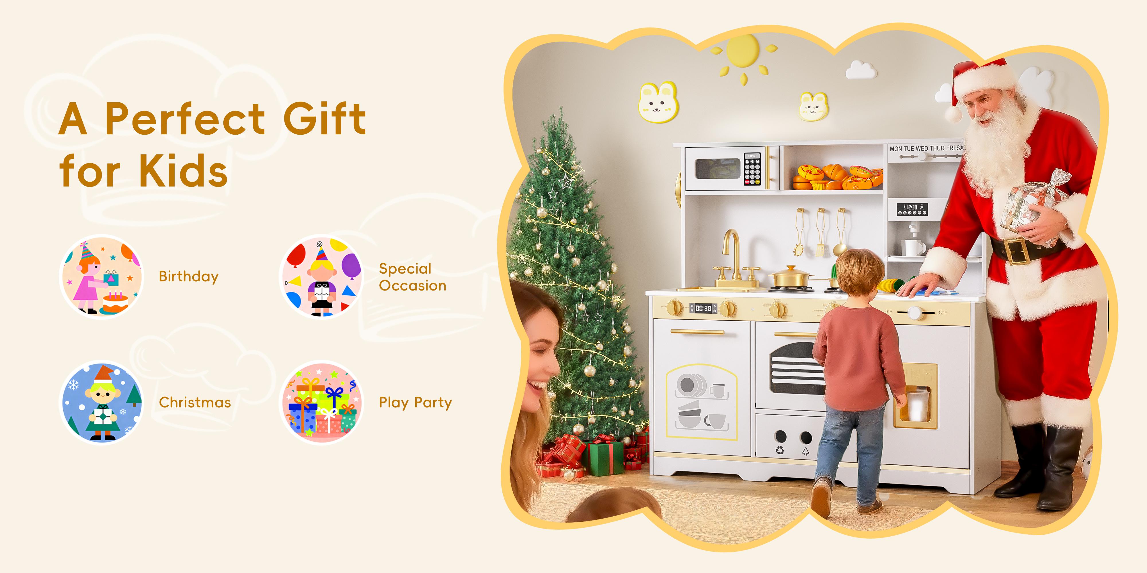 Play Kitchen for Kids Pretend Play Kitchen with 21 Pcs Toys Wooden Play Kitchen Set for Ages 3+ White & Gold