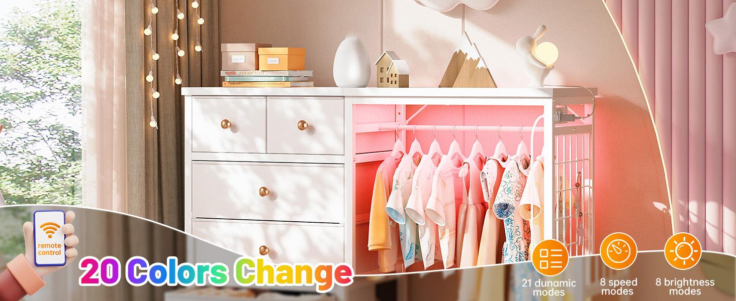 Raybee 49.2" W 6 Drawer Dresser for Bedroom with Hanging Rack, Home Organizer Dresser with LED Lights & Charging Station, Fabric Dressers & Chest of Drawers with Clothes Rack, Wooden Top, Grid Panel, Small Space Storage Unit for Living Room, Closet