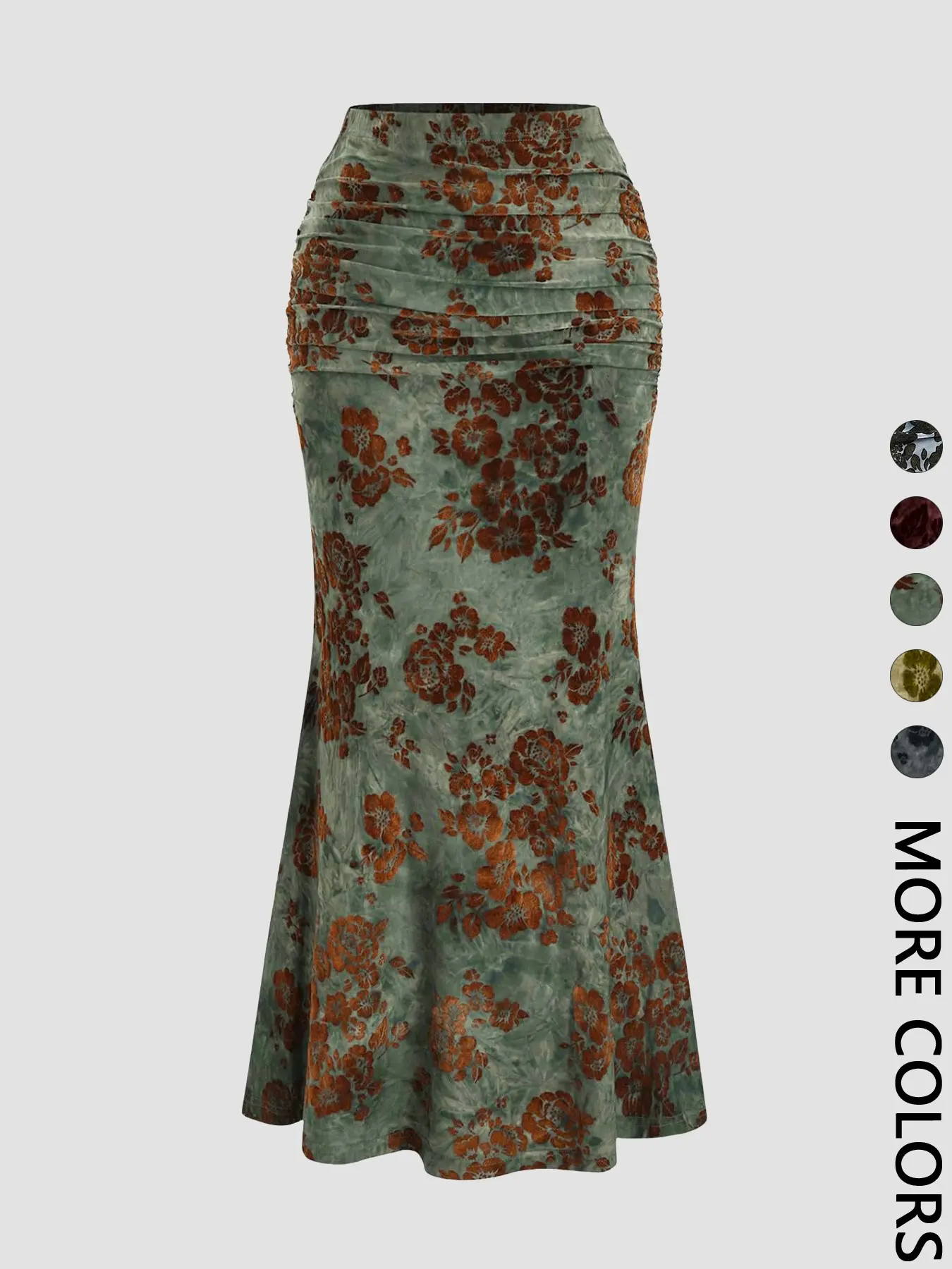 Women's Vintage Velvet Floral Print Ruffled Casual Cute Essential Long Mermaid Flared Skirt, Fall Winter Fashion, Floral Printed Skirt, All Seasons Wearable
