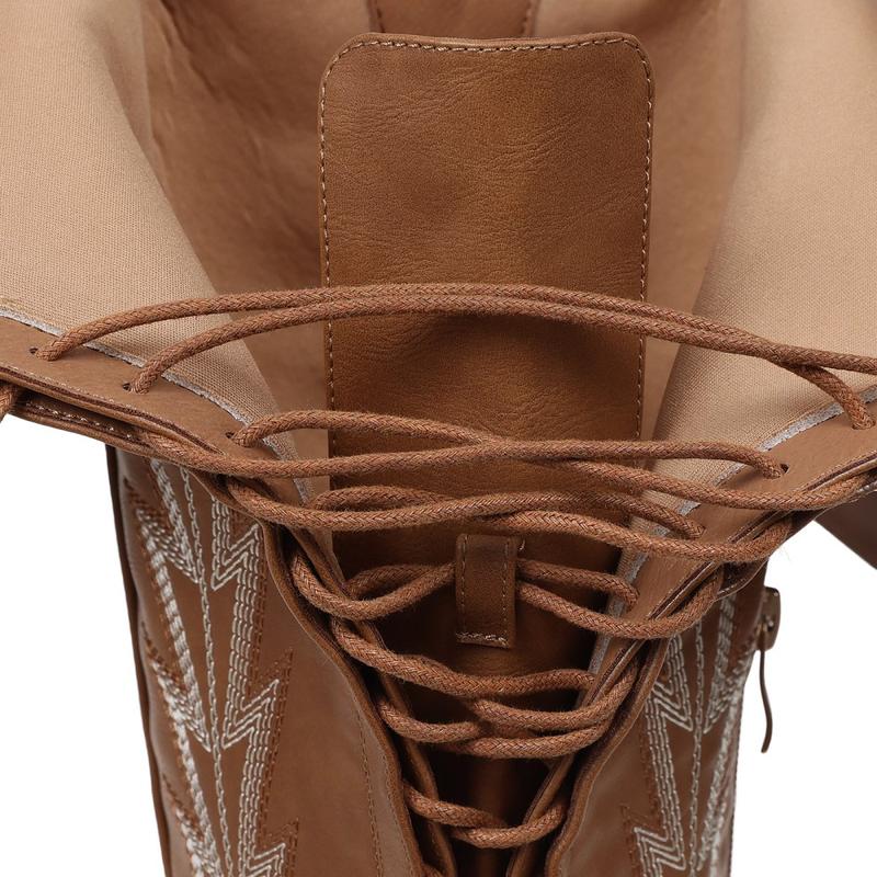 Western Thigh Knee High Cowboy Boots Wide Calf Adjustable Straps Pointed Toe Tall Cowgirl Botas with Zip Retro Embroidered Block Heel