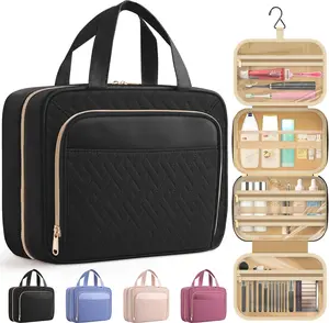 Travel Toiletry Bag for Women & Men, Waterproof Makeup Bag with Hanging Hook and Multiple Pockets, Cosmetic Bags for Women, Travel Essentials, 11.2'' x 3.2'' x 8.9'', Black