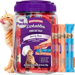Beefeaters wet cat treats lickable 48 Count Puree Variety Pack - Salmon Tuna Chicken for Hydration & Training, Grain Free Taurine Enriched High Moisture, lickable cat treats squeeze up for Picky Eaters