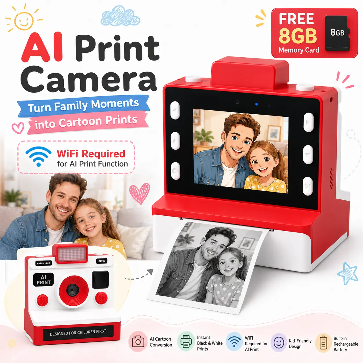 Smart AI Print Camera for Kids! Voice-to-Drawing & Object ID Toy Camera, Instant Photo Printer with Fun Effects
