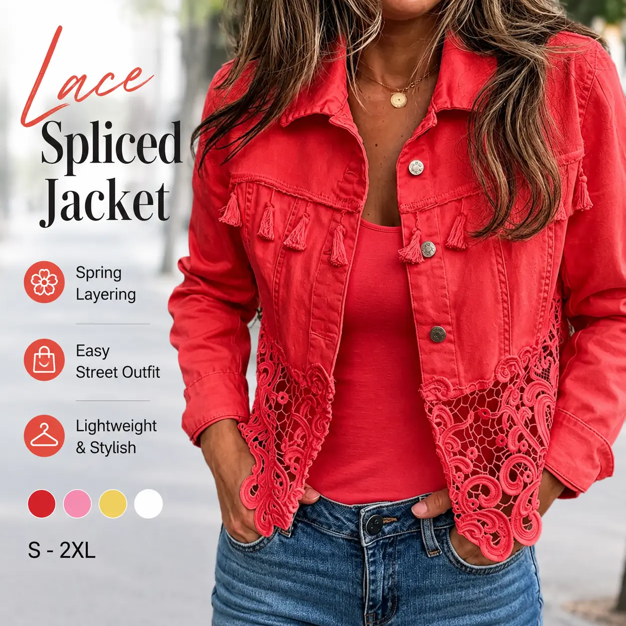 Women’s Chic Lace-Spliced Denim Jacket - Tassel Trim, Button-Up Long Sleeve, Lightweight Casual Sports Outerwear for Everyday Style (Pairs with Tops, Skirts), Comfortable, Lady