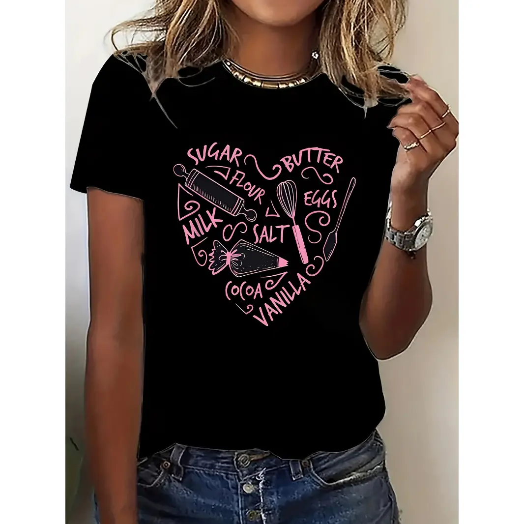 Women's Cotton Short-Sleeve Graphic T-Shirt, Baking Ingredients Print, Soft Comfy Casual Summer Top, Ideal Gift for Bakers & Kitchen Enthusiasts, Shortsleeve, Tshirt, Streetwear