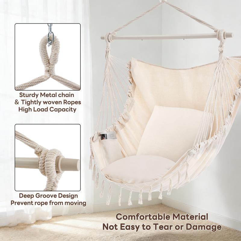 Single Hammock Chair with 2 Cushions, Hammock Swing, Macrame Hammock with High Load-Bearing Metal Rod, Indoor＆Outdoor