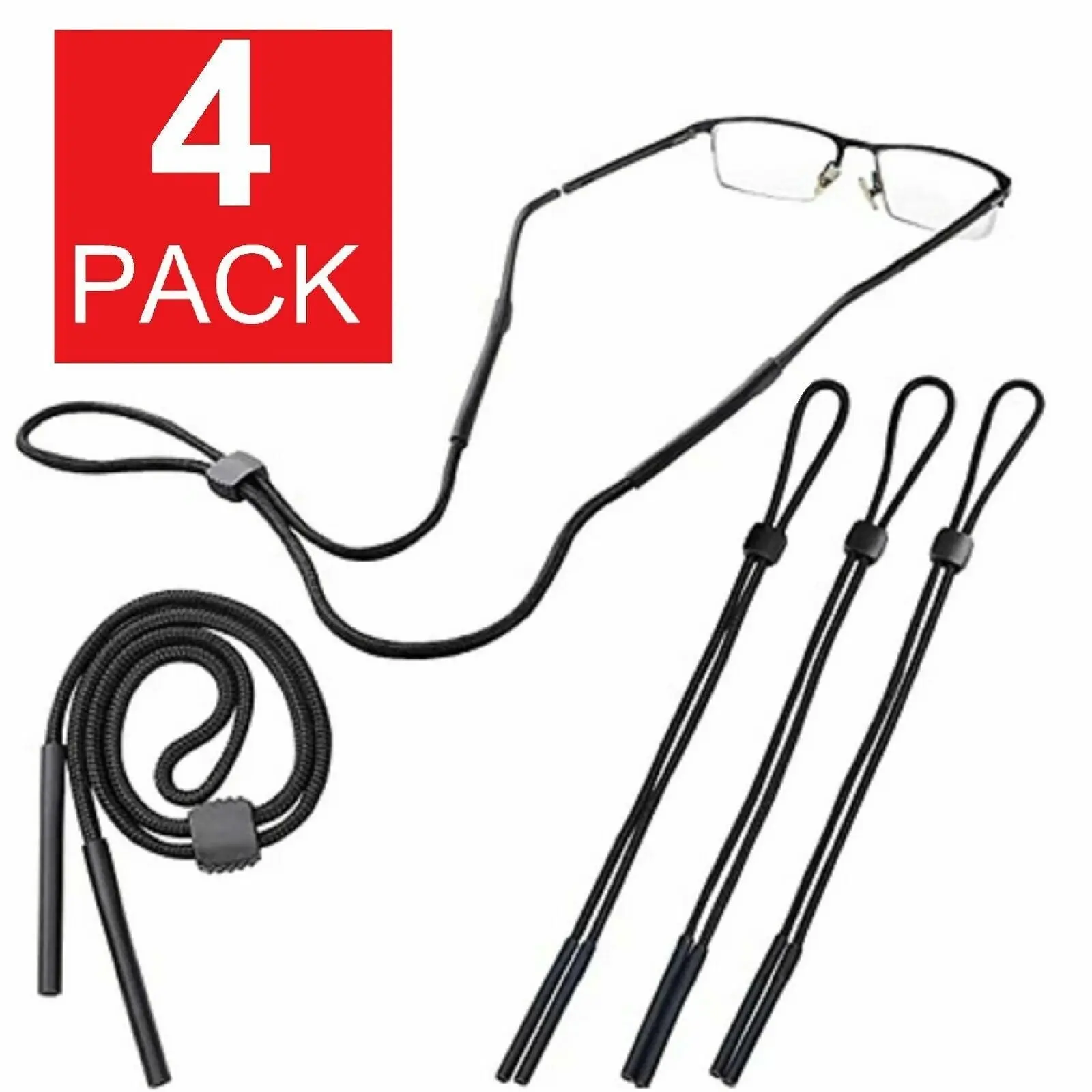 4-Pack Anti-Drop Glasses Chain & Lanyards, Black Eyewear Holder with Comfy Rubber Grip & Temple Stays Put for Neck Strap Sport Sunglasses, Eyeglasses, Reading Glasses